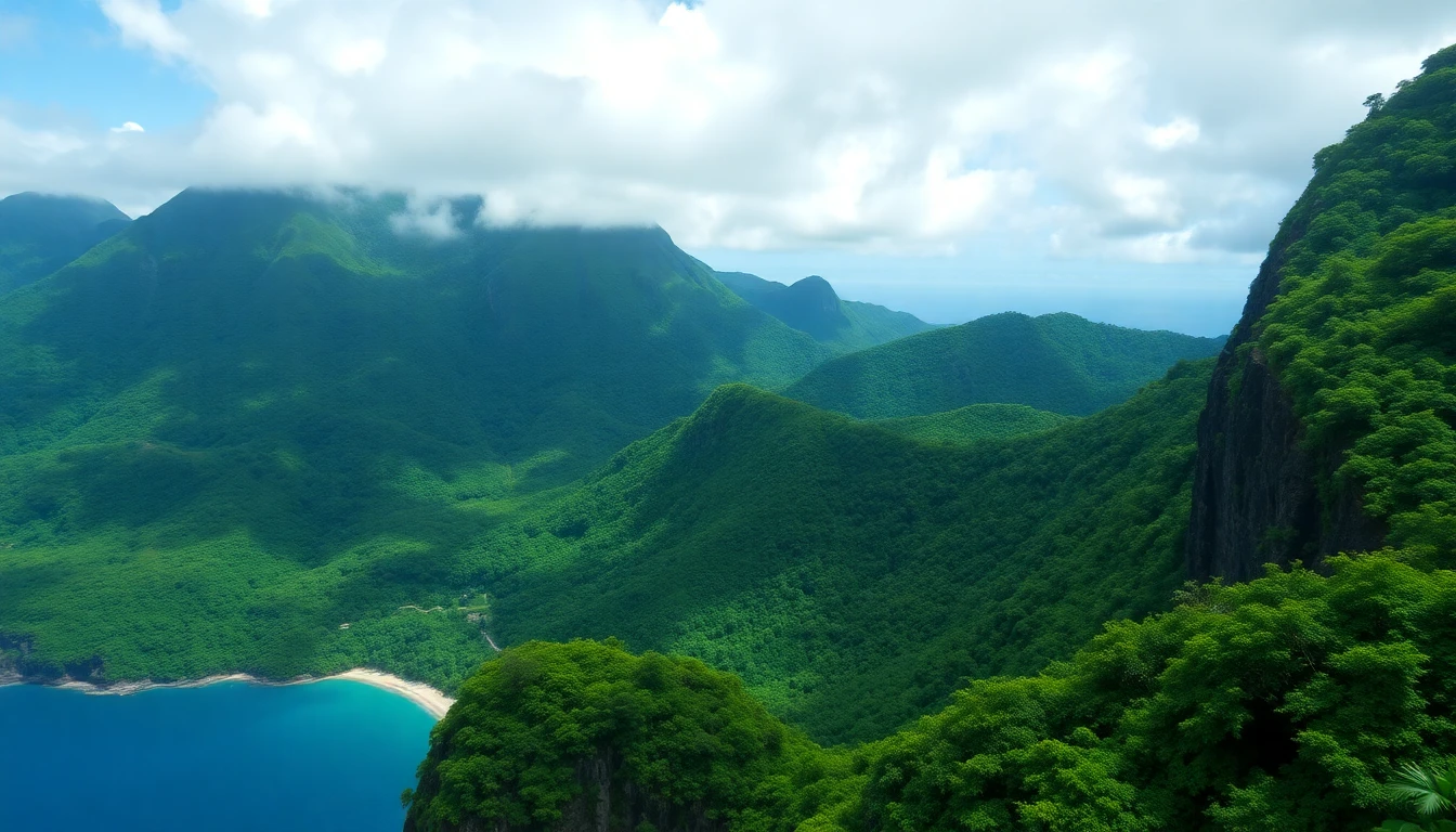 Lush green mountains and coastline of Dominica